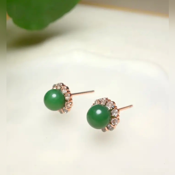 Natural Jasper & CZ Halo Earrings - Picture 3 of 5